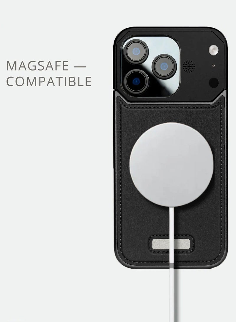 Wtech Apple iPhone 17 Pro Max 5G 2025 Metal Frameless Case Metallic Vegan Leather Magsafe Support Hard Case Cover (MCMPMN) - Black - Image 3