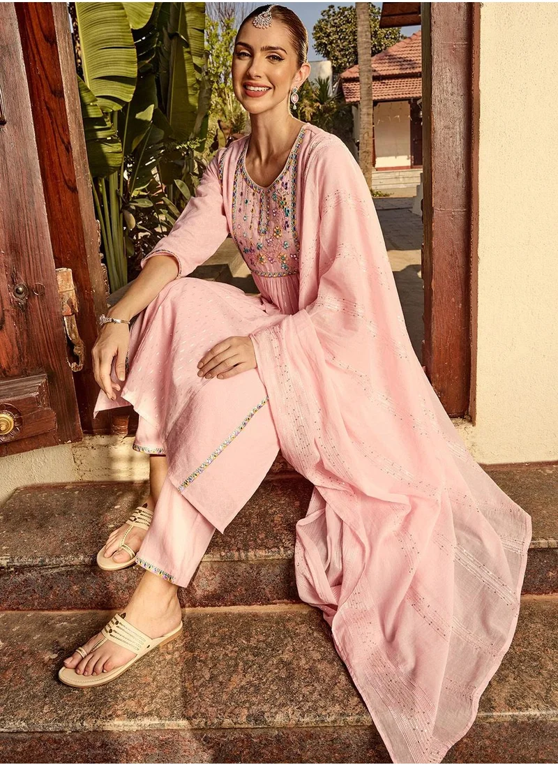 آي شين Women Pink Cotton Kurta set with Dupatta