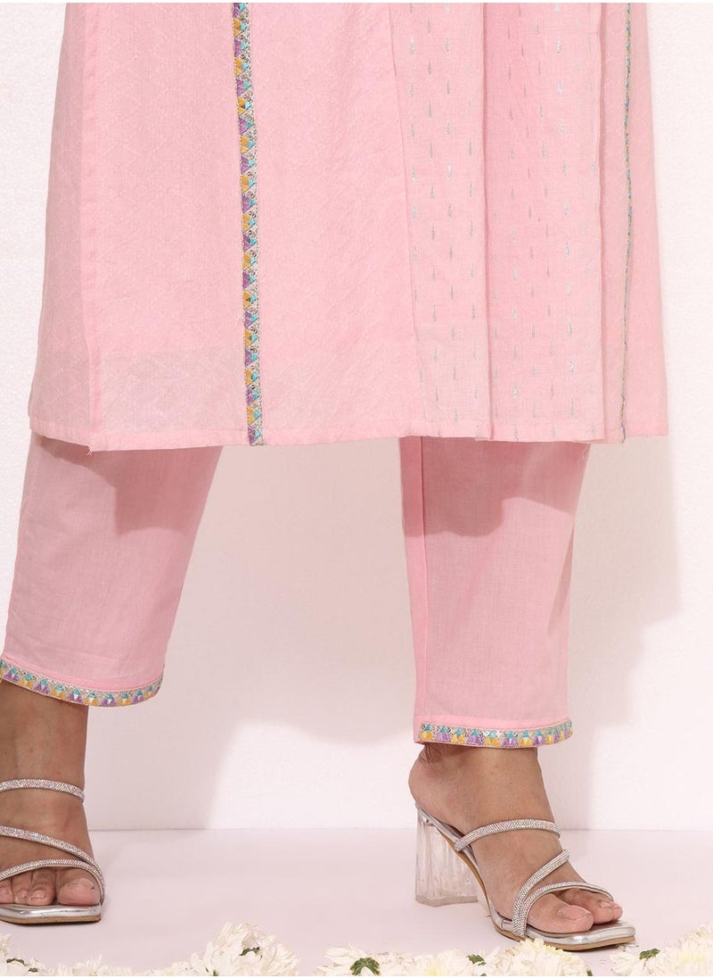 ISHIN Women's Pink 100% Cotton Self Design Full Length Palazzo Kurta Set  - Image 5