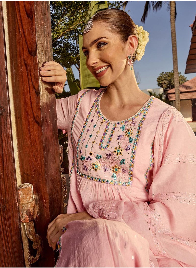 ISHIN Women's Pink 100% Cotton Self Design Full Length Palazzo Kurta Set  - Image 2