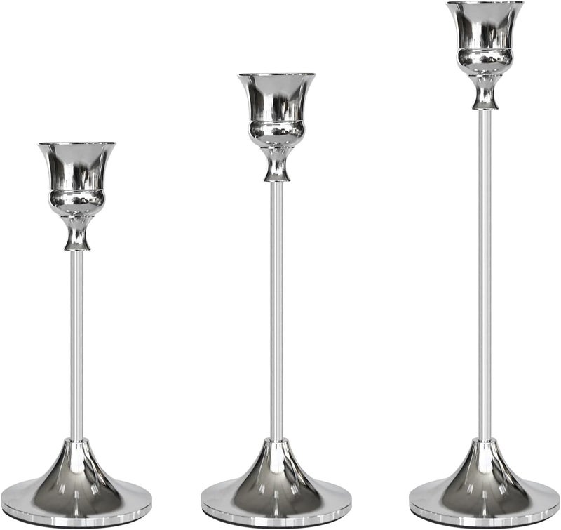 SHOWIN Storage & transit friendly Candlestick Holders Silver, 3 Packs Taper Candle Holder for Candlesticks, Candle Sticks Holder Decor for Home Decor Precision polished solid material - Image 1