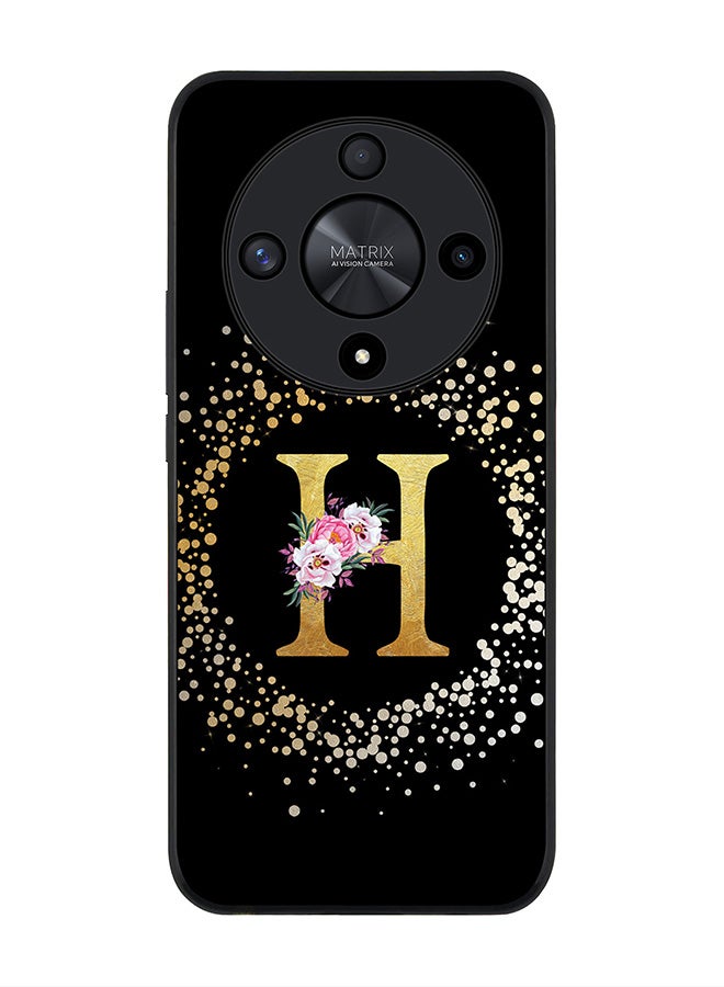 Stylizedd حافظة حواف سوداء متينة لهونر X9b، غلاف رفيع نحيف - حرف مونوغرام مخصص بنمط زهور - ح (أسود) - Image 1