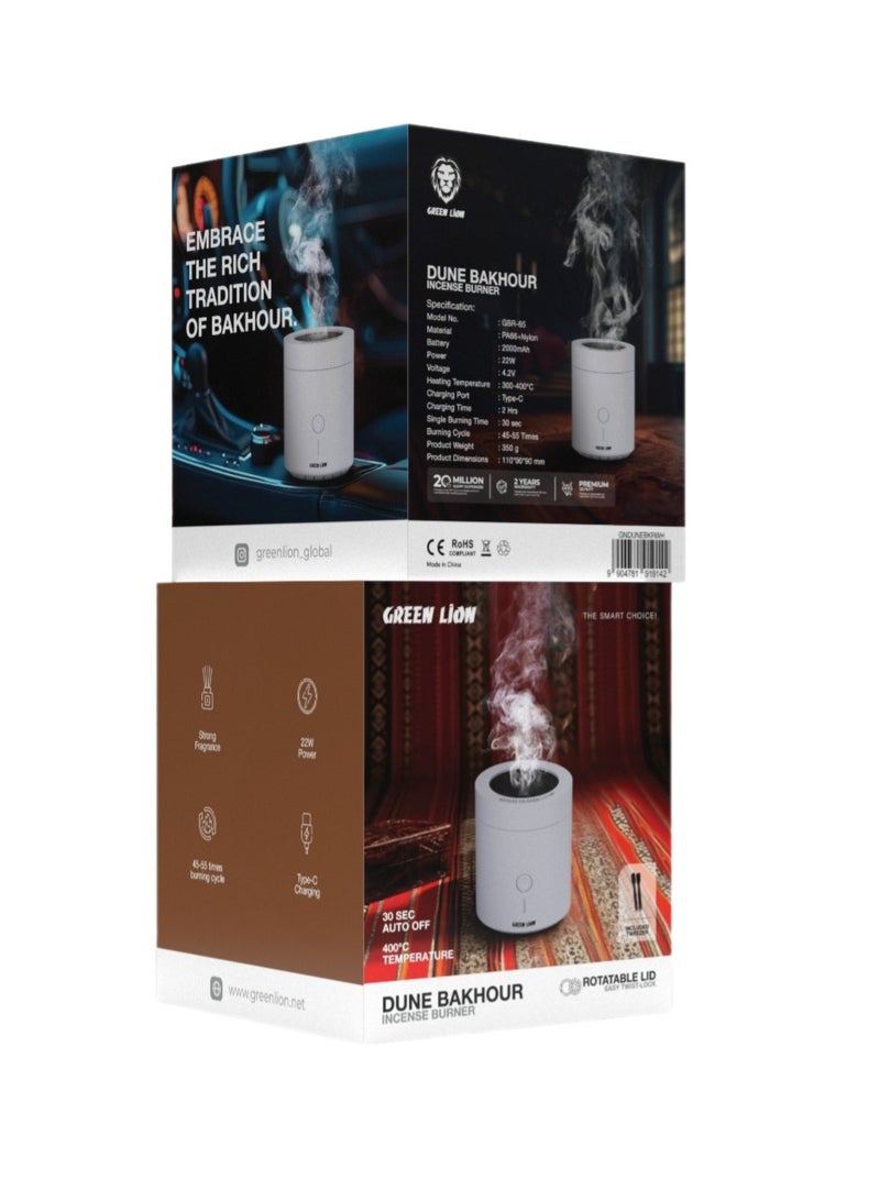 GREEN LION Dune Bakhour Incense Burner 2000mAh / Strong Fragrance Oud / Portable Bukhour / Luxury Scent Rechargeable Bakhoor - White - Image 4