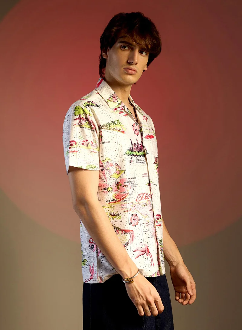 Campus Sutra Men's Chalk White:Blush Pink Maps Shirt