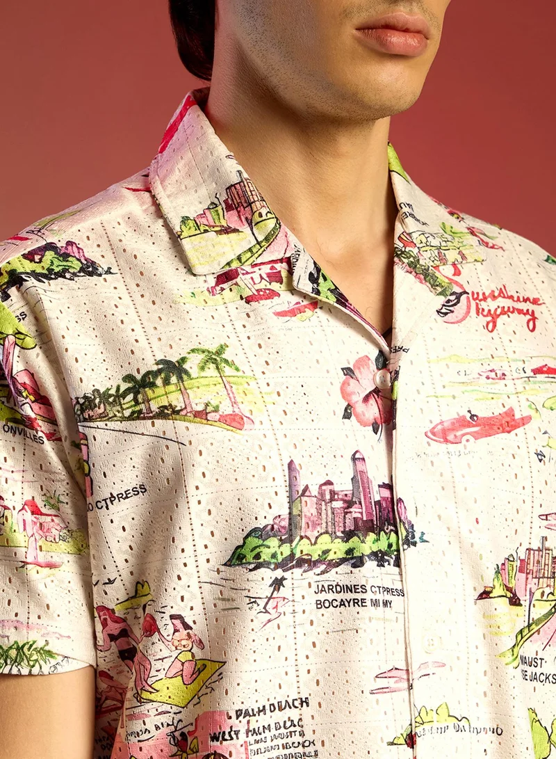 Campus Sutra Men's Chalk White:Blush Pink Maps Shirt