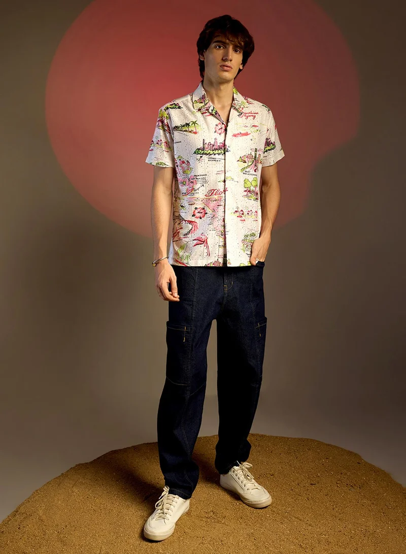 Campus Sutra Men's Chalk White:Blush Pink Maps Shirt