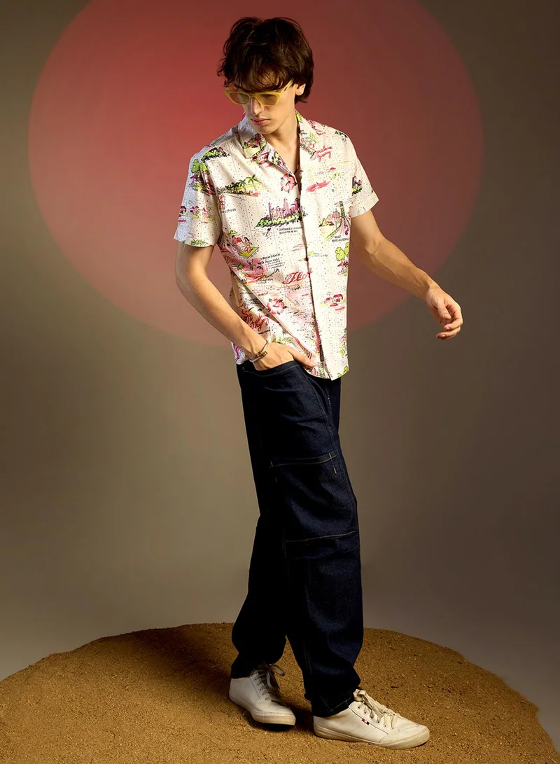 Campus Sutra Men's Chalk White:Blush Pink Maps Shirt