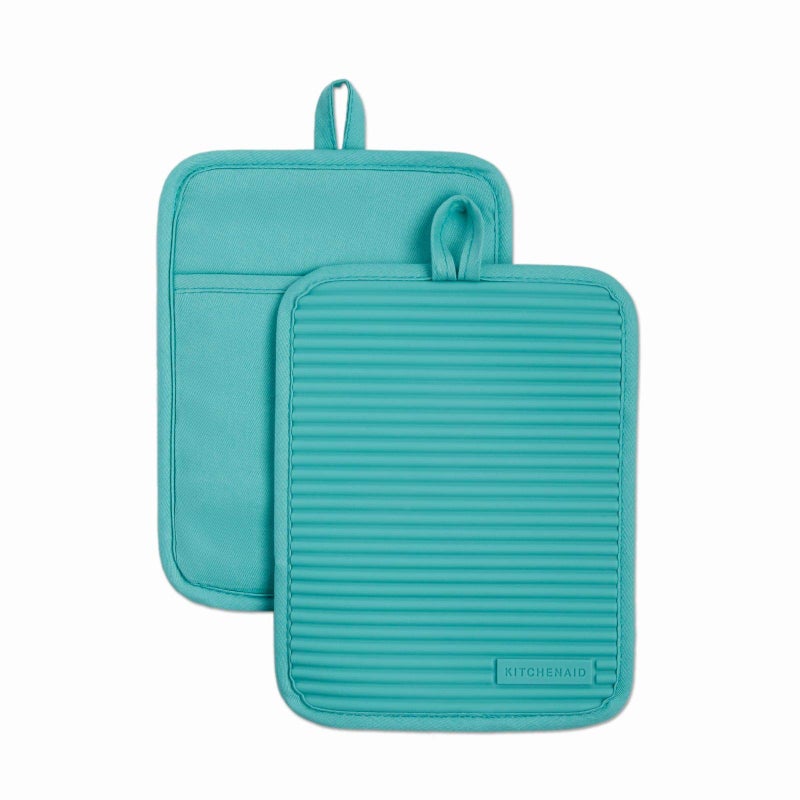 KitchenAid Ribbed Soft Silicone Pot Holder 2-Pack Set, Aqua Sky, 7"x9" - Image 1