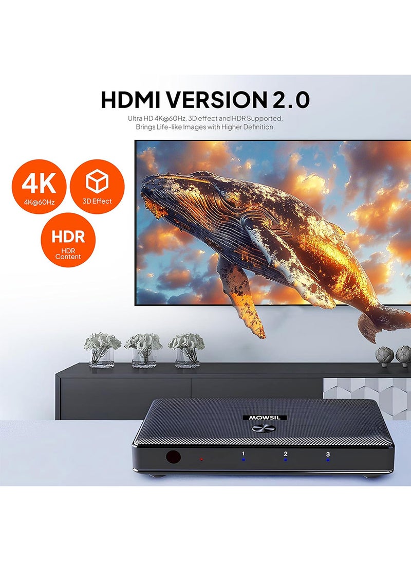 MOWSIL Mowsil HDMI Switch 3 in 1 Out, 4K@60Hz, HDMI 2.0, 18Gbps, HDR, HDCP 2.2, 3D, IR Remote, Supports 4K/60Hz, 1080P, DTS, Dolby  - Image 2