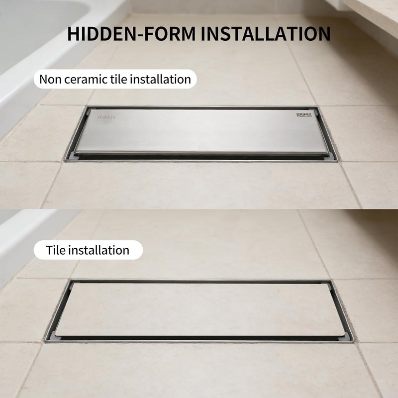 BRIMIX Stainless Steel 304 Floor Drain with Removable Tile Insert Grate - 8 x 30 cm Brushed Finish - Image 3