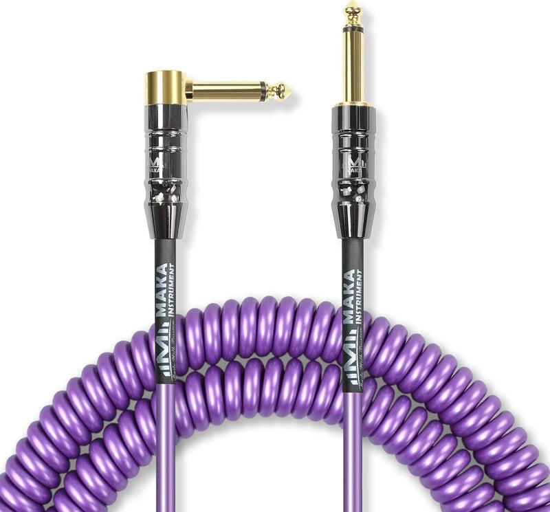 MAKA Premium Guitar Coil Cable 40 Feet, Instrument Coiled Curly Cord for Guitar Bass, 1/4 inch Right Angle to Straight, Purple - Image 1
