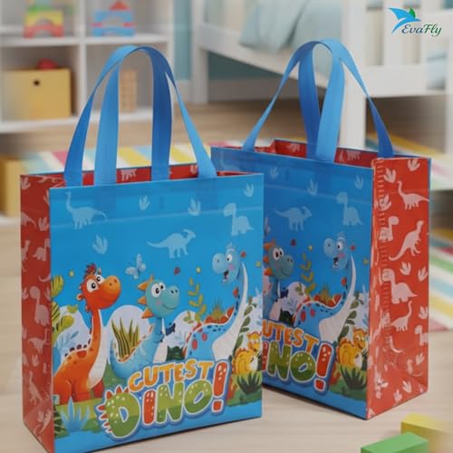 Evafly gift bags small size Pack of 24 – H25 x L23 x D10 cm | Reusable Non-Woven, Party Favours | Cartoon Dino Print for return gift bags for kids birthday, Mixed colors – Blue/Pink/Orange - Image 5