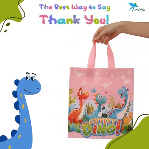 Evafly gift bags small size Pack of 24 – H25 x L23 x D10 cm | Reusable Non-Woven, Party Favours | Cartoon Dino Print for return gift bags for kids birthday, Mixed colors – Blue/Pink/Orange - Image 3