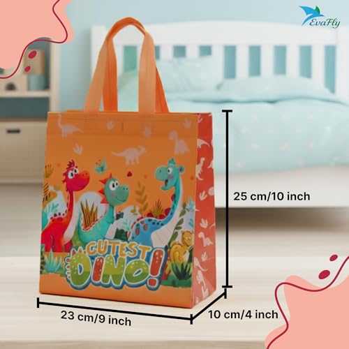Evafly gift bags small size Pack of 24 – H25 x L23 x D10 cm | Reusable Non-Woven, Party Favours | Cartoon Dino Print for return gift bags for kids birthday, Mixed colors – Blue/Pink/Orange - Image 2