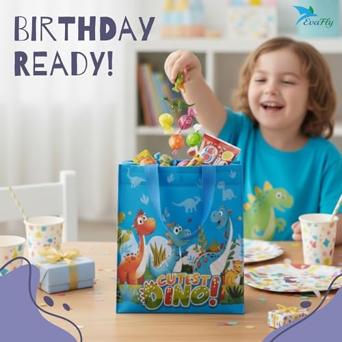 Evafly gift bags small size Pack of 24 – H25 x L23 x D10 cm | Reusable Non-Woven, Party Favours | Cartoon Dino Print for return gift bags for kids birthday, Mixed colors – Blue/Pink/Orange - Image 4