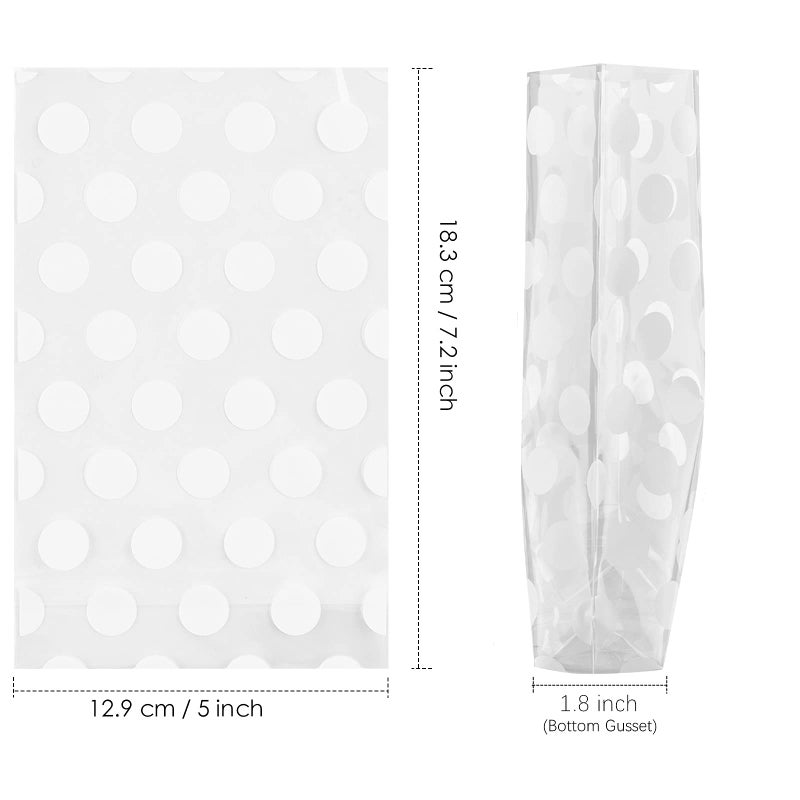 JOERSH 8.1" x 5" Bottom Gusset Clear Plastic Cookie Bags with Ties 200 Pack, White Polka Dots Pattern Small Candy Bags Treat Bags for Muffin Bakery Packaging - Image 2