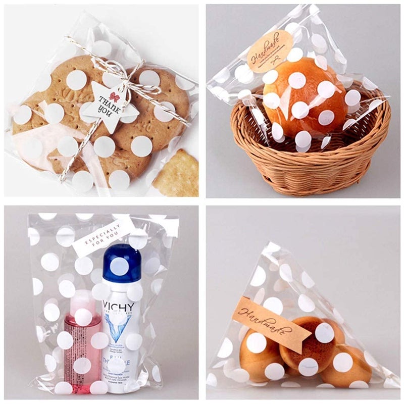JOERSH 8.1" x 5" Bottom Gusset Clear Plastic Cookie Bags with Ties 200 Pack, White Polka Dots Pattern Small Candy Bags Treat Bags for Muffin Bakery Packaging - Image 4