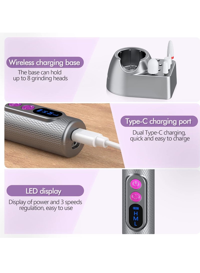 JOSQUEWNN Electric Nail Drill, Professional Manicure Pedicure Kit, Cordless Electric Nail File Set, Rechargeable Pedicure Tools For Nails, 3 Speeds Hand Foot Care Nail Drill,With The Wireless Charging Base,36 Sanding Bands Set. - Image 3