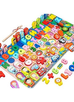 vesus Learning Montessori Wooden Puzzle and Fishing Game. Educational puzzle toy to learn shapes, fruits, numbers, vehicles, alphabets and hand eye balance fishing rod  - Image 1