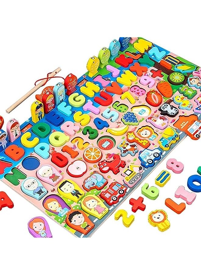 vesus Learning Montessori Wooden Puzzle and Fishing Game. Educational puzzle toy to learn shapes, fruits, numbers, vehicles, alphabets and hand eye balance fishing rod  - Image 1