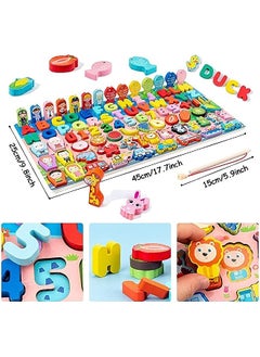 vesus Learning Montessori Wooden Puzzle and Fishing Game. Educational puzzle toy to learn shapes, fruits, numbers, vehicles, alphabets and hand eye balance fishing rod  - Image 2