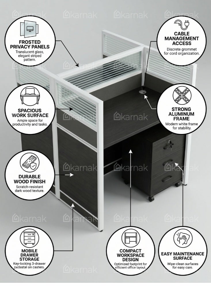 Karnak Neeya 2 Person Office Workstation Desk with Privacy Screen & Storage Drawers Computer Laptop Table for Home & Office (Coffee) - Image 2