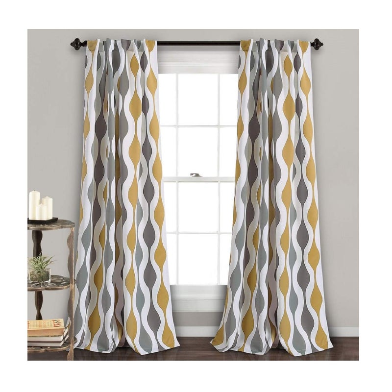 Lush Decor Mid Century Geo Light Filtering Window Curtain Panel Pair, 95" x 52", Gold & Gray - Image 1