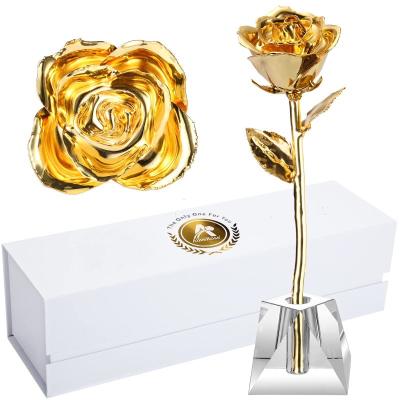 AliveRose Deluxe Golden Rose Gold Dipped Rose Made from Real Rose Gift for Her on Wedding Anniversary Valentines Mothers Day Deluxe Golden with Crystal Vase 