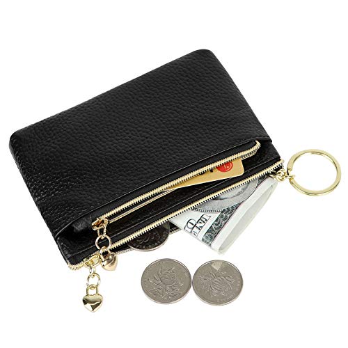 Cynure Women's Genuine Leather Coin Purse Zipper Pocket Size Pouch Change Wallet, Black - Image 3