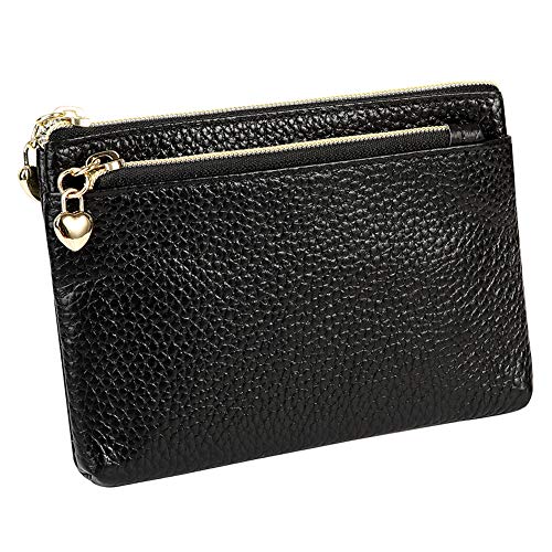 Cynure Women's Genuine Leather Coin Purse Zipper Pocket Size Pouch Change Wallet, Black - Image 1