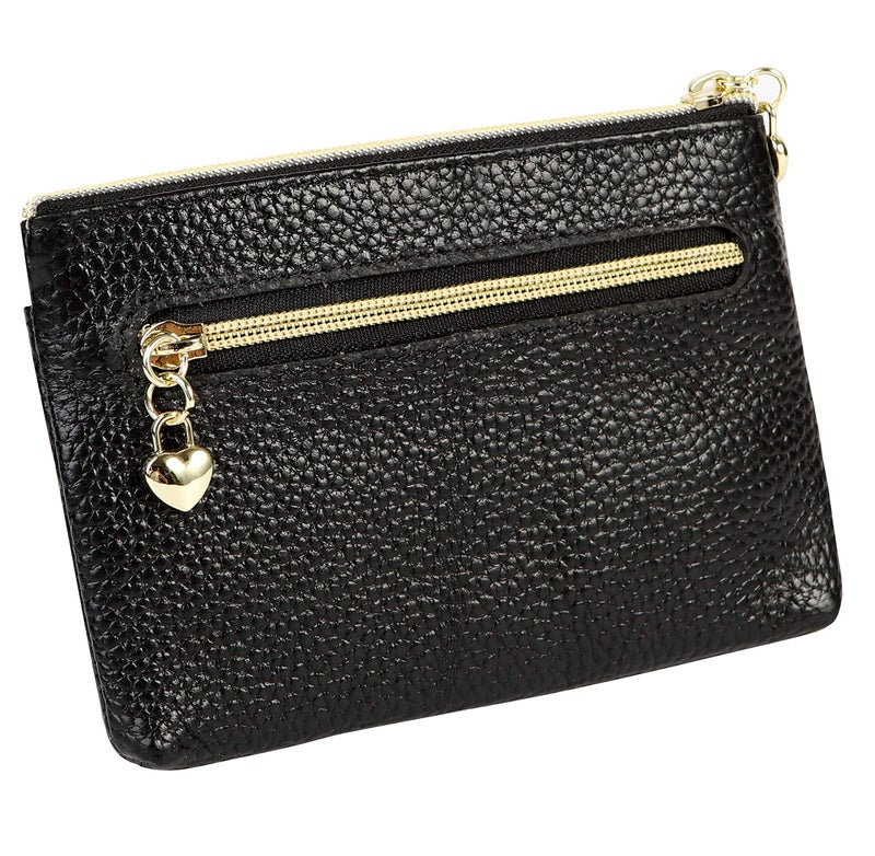 Cynure Women's Genuine Leather Coin Purse Zipper Pocket Size Pouch Change Wallet, Black - Image 2
