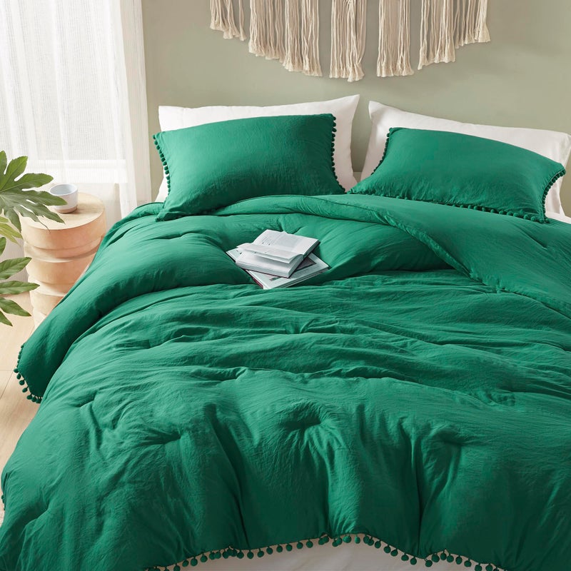 Codi Emerald Green Boho Twin Comforter Set  Aesthetic Luxurious Pom Fringe Design Bedding Cute Soft Washed Microfiber Bed Sets  Lightweight Chic 1 Comforter & 1 Pillowcase (68x90 Inches) - Image 1