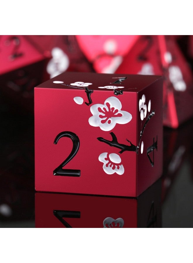 DNDND Matt Red DND Metal Dice, DNDND 7 PCS Heavy Metallic D&D Dice Set with Gorgeous Gift Case for Dungeons and Dragon Tabletop Game (Matte Red with White Flower) - Image 1