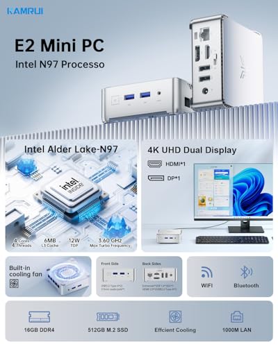 KAMRUI Essenx E2 Mini PC, 16GB RAM 512GB SSD Mini Computers,12th Alder Lake N97 (Beat N150,up to 3.6GHz) Micro PC, HDMI+DP1.4 Dual 4K UHD Small PC,Gigabit Ethernet,WiFi,BT,Home/Office Mini Desktop pc - Image 3