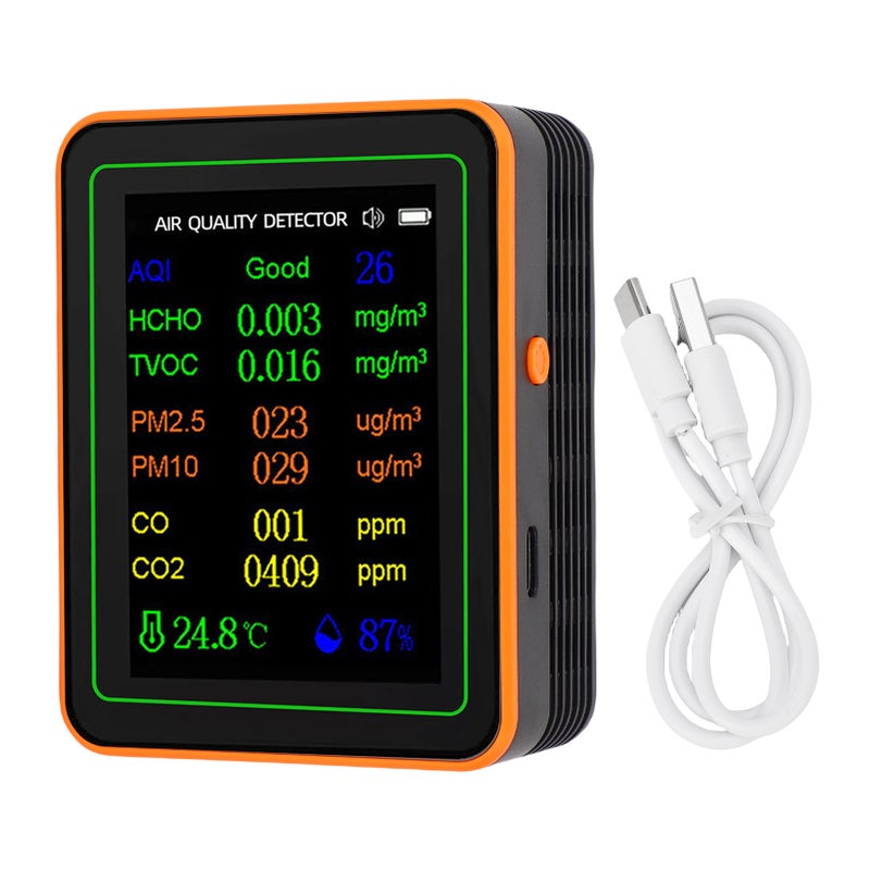 Air Quality Detector Index CO2 TVOC HCHO PM2.5 PM10 Temperature Humidity Tester TFT Color Display Curve Viewing Black Orange - Image 1
