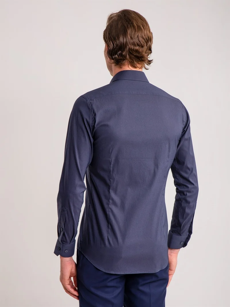 Dufy Navy Blue Men's Extra Slim Fit Brent Collar Long Sleeve Shirt