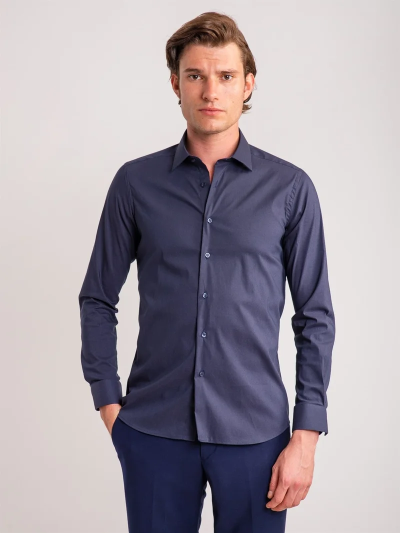 Dufy Navy Blue Men's Extra Slim Fit Brent Collar Long Sleeve Shirt