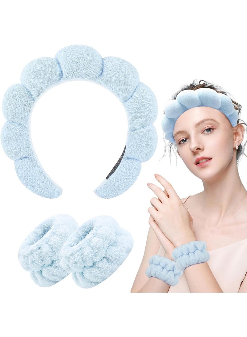 Spa Headband & Wristband Set for Face Washing, Makeup, and Skincare - Bubble Soft Terry Cloth - Light Blue - Image 1