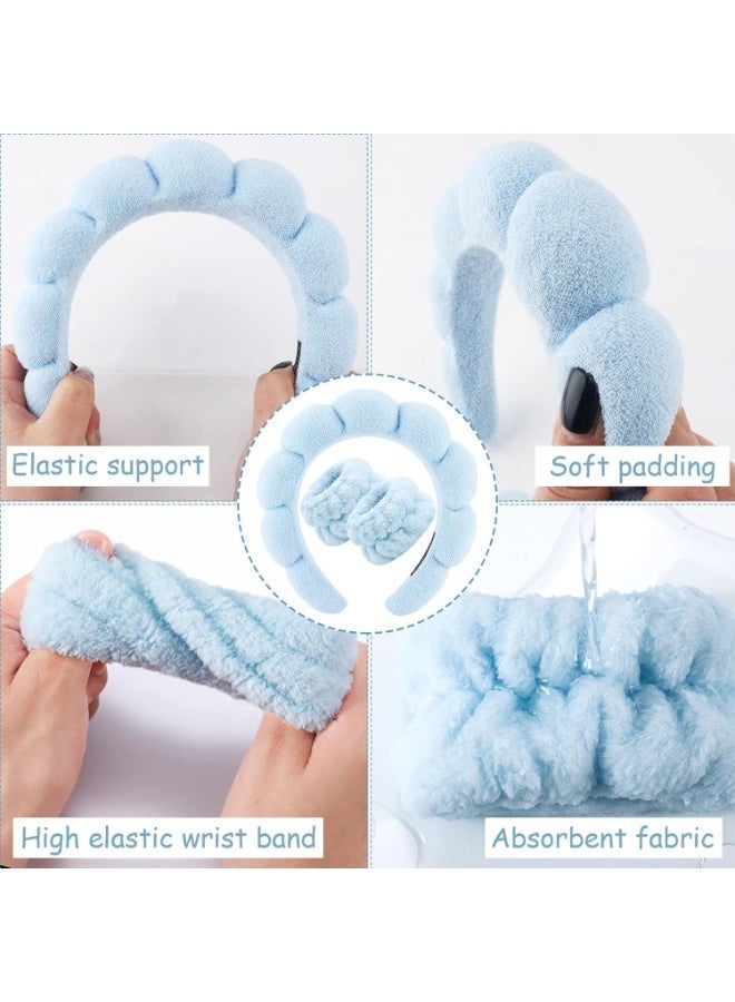 Spa Headband & Wristband Set for Face Washing, Makeup, and Skincare - Bubble Soft Terry Cloth - Light Blue - Image 2