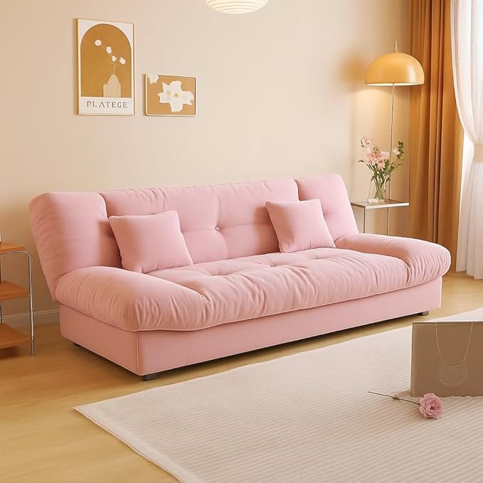 Poppins Home Modern Plush 3-Seater Sofa – Ultra Soft Tufted Velvet Couch with Cushions, Minimalist Scandinavian Style for Bedroom or Hotel Low-Priced Folding Living Room Furniture (Pink) - Image 1