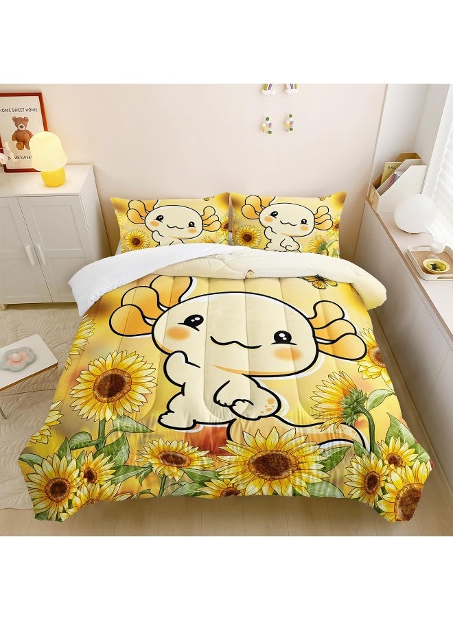Generic QOOMO Cartoon Axolotl Bed Set Twin Comforter Set Kid, Sunflower Bedding Sets, Kawaii Animal for Boys Girls Teen Room Decoration, 3Pcs Cute Comforter Set (Twin 1 Comforter with 2 Pillowcases)  - Image 1