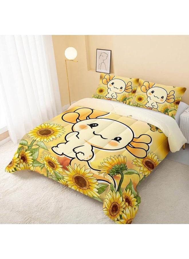 Generic QOOMO Cartoon Axolotl Bed Set Twin Comforter Set Kid, Sunflower Bedding Sets, Kawaii Animal for Boys Girls Teen Room Decoration, 3Pcs Cute Comforter Set (Twin 1 Comforter with 2 Pillowcases)  - Image 2