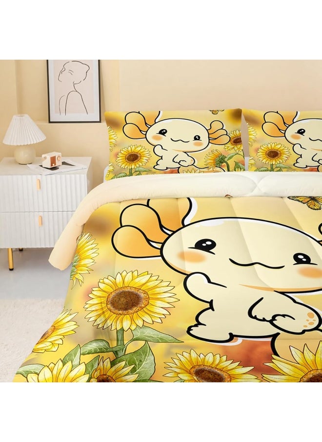 Generic QOOMO Cartoon Axolotl Bed Set Twin Comforter Set Kid, Sunflower Bedding Sets, Kawaii Animal for Boys Girls Teen Room Decoration, 3Pcs Cute Comforter Set (Twin 1 Comforter with 2 Pillowcases)  - Image 3
