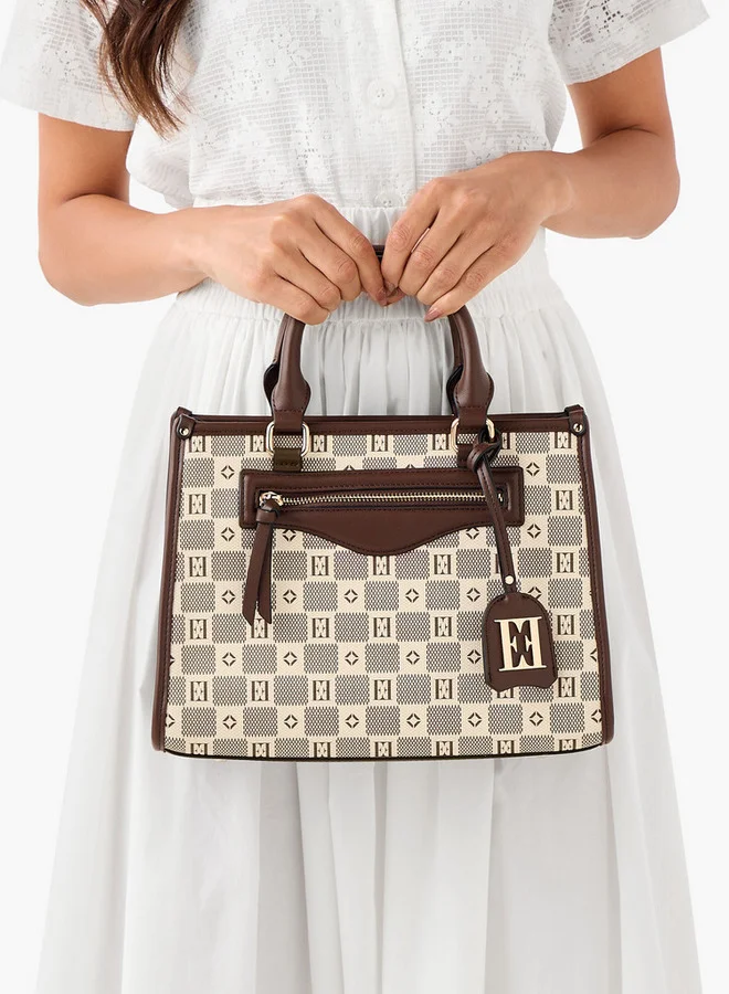 ايل Monogram Print Tote Bag with Double Handle and Zip Closure