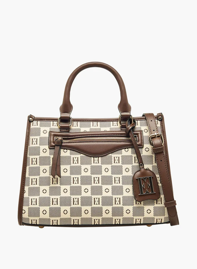 ايل Monogram Print Tote Bag with Double Handle and Zip Closure
