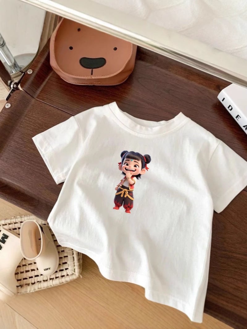 Nezha Kidsren'S Short-Sleeved Cotton T-Shirt For Boys And Girls New Top Cartoon Summer Thin Bottoming Shirt White Trbottomy - Image 4