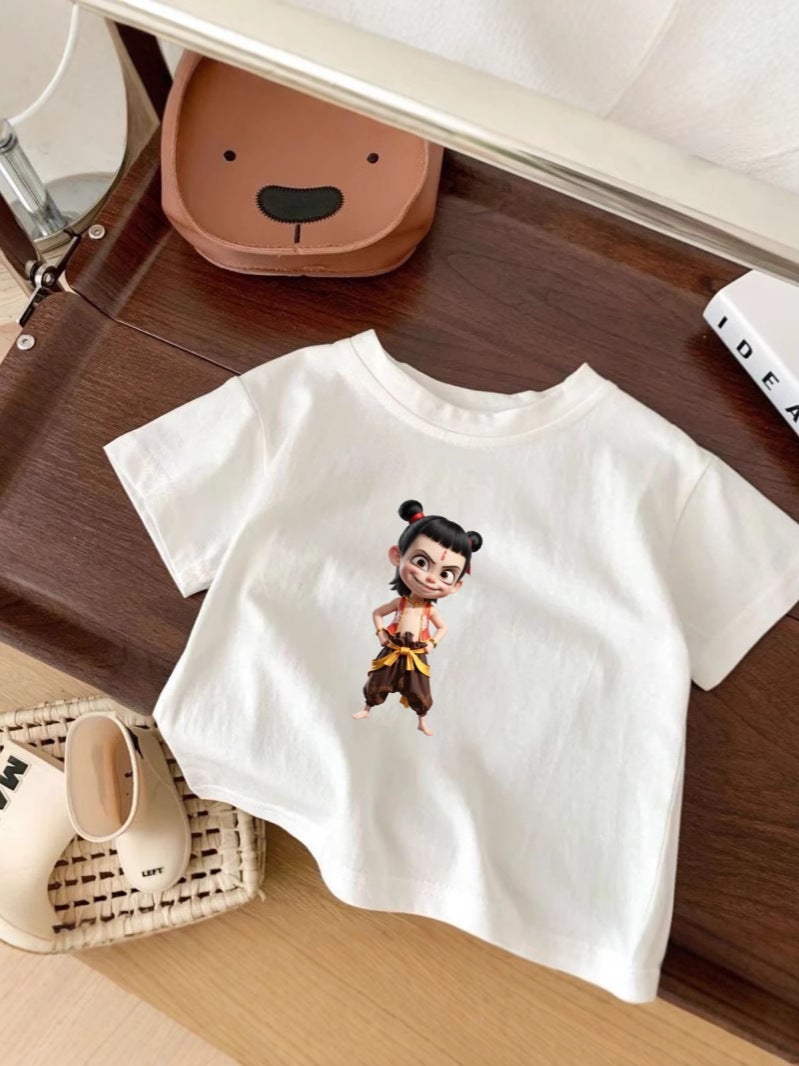 Nezha Kidsren'S Short-Sleeved Cotton T-Shirt For Boys And Girls New Top Cartoon Summer Thin Bottoming Shirt White Trbottomy - Image 3