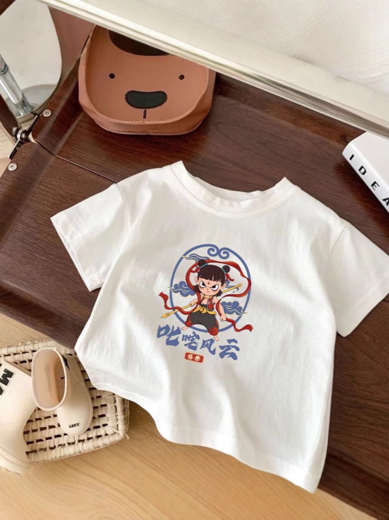 Nezha Kidsren'S Short-Sleeved Cotton T-Shirt For Boys And Girls New Top Cartoon Summer Thin Bottoming Shirt White Trbottomy - Image 2