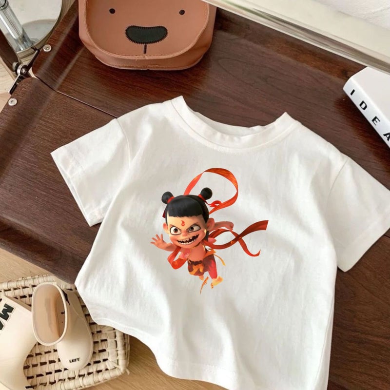 Nezha Kidsren'S Short-Sleeved Cotton T-Shirt For Boys And Girls New Top Cartoon Summer Thin Bottoming Shirt White Trbottomy - Image 1