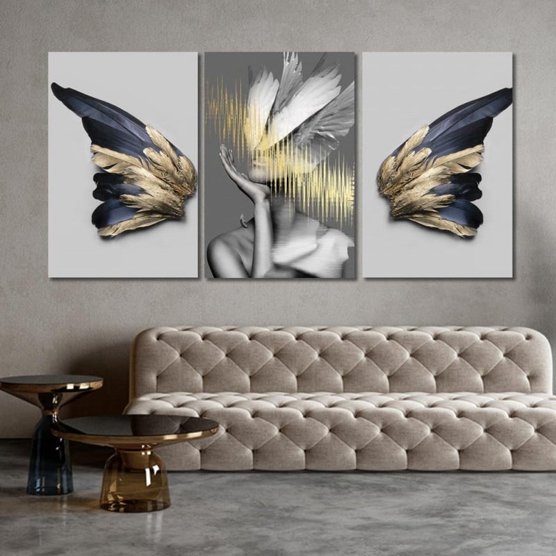 Marktna Modern triptych canvas paintings featuring a woman and butterfly wings with a hollow frame, measuring (90×40), three pieces - Image 1
